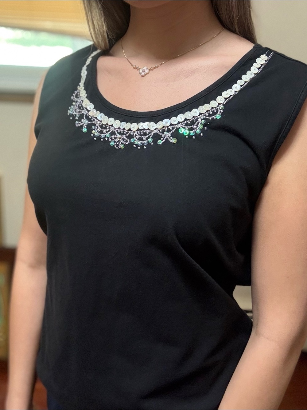 Beaded Black Sleeveless Scoop Neck Tank